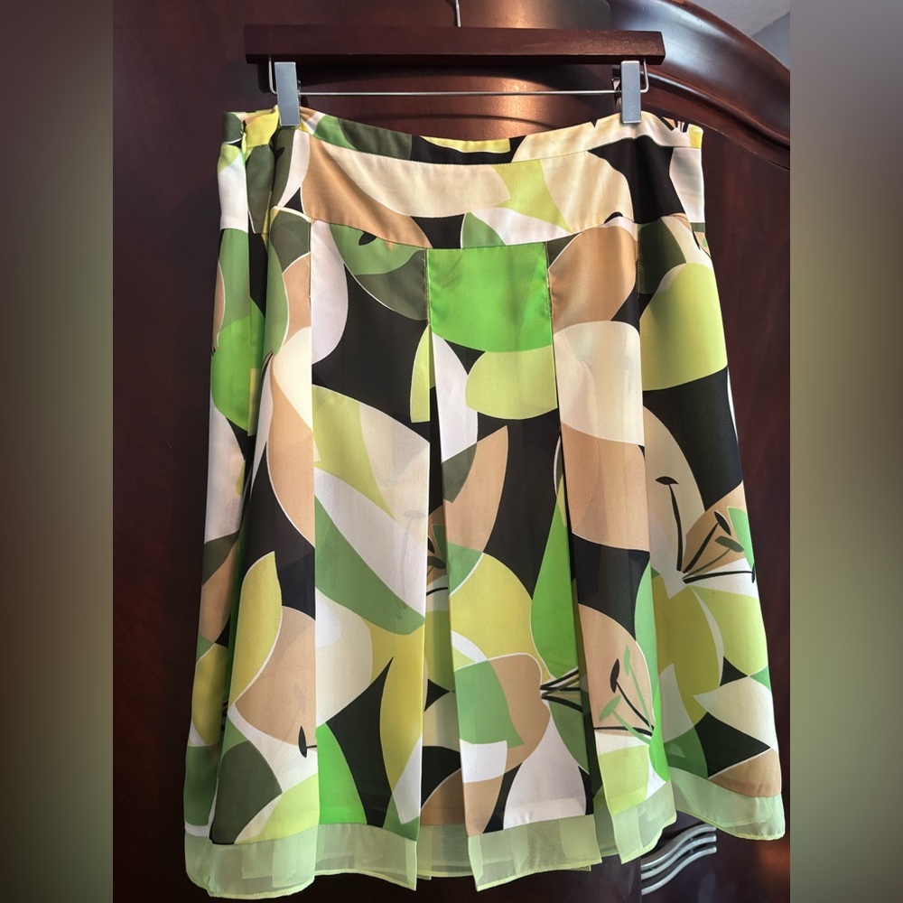 Worthington A-Line Skirt in Green, Black, Cream & Tan Abstract Print